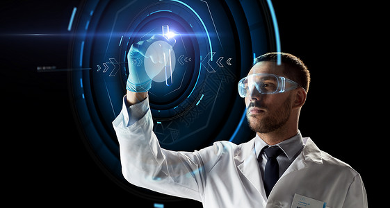 科学研究人的带试管虚拟投影的安全眼镜的轻科学家带试管虚拟投影的科学家图片
