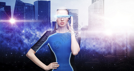 虚拟现实,科学,未来技术人的美丽的女人未来的三维眼镜城市背景太空城上虚拟现实眼镜里的女人背景图片
