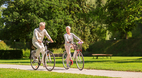 老自行车积极的老,人生活方式的快乐的老夫妇骑自行车夏季公园快乐的老夫妇夏季公园骑自行车背景