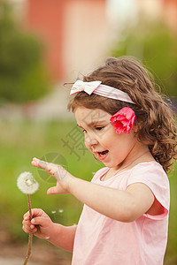 头发上朵红花的小女孩玩蒲公英卷曲的女孩蒲公英图片
