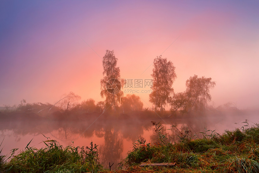 秋天五彩缤纷的日出雾蒙蒙的平静的河上秋天迷蒙的早晨秋晓景象全景图片
