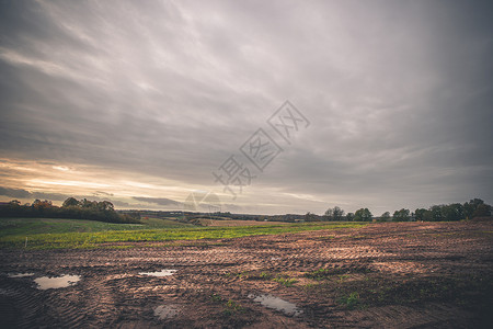 景观与车轮轨道泥泞的田野秋季多云天气越野地形背景图片