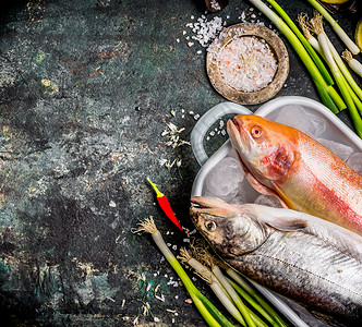 健康饮食烹饪食谱的食物背景与新鲜鱼类香料成分,顶部视图,文字的位置图片