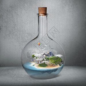 瓶中世界软木璃瓶,美丽的岛屿海洋小气候,环境保护,安静的地方背景