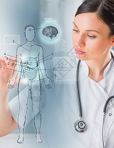 人体全息素材女医生,用虚拟接口检查人体男身体背景