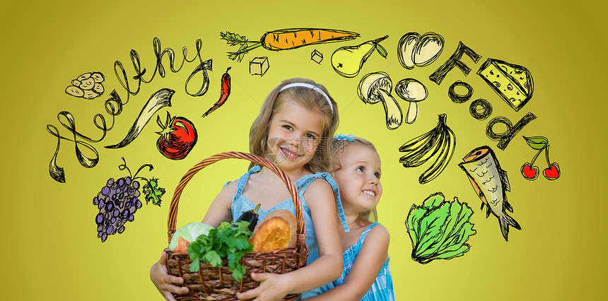 两个小女孩着篮子机食品,素描健康食品标志背景上图片