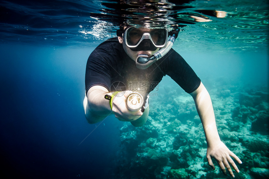 潜水者用手电筒沿脑珊瑚潜水图片