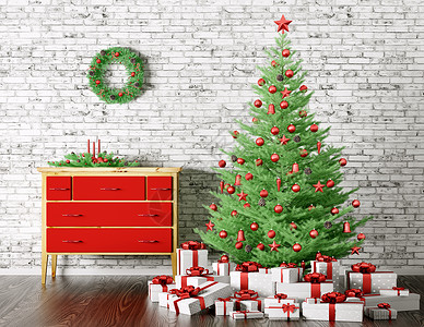 诞节内部装饰冷杉树礼物3D渲染背景图片