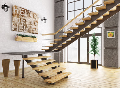 带楼梯三维渲染的房间的现代内部图片