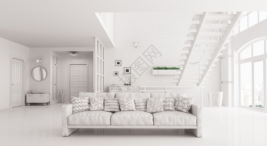 现代室内白色客厅大厅,楼梯,沙发与垫子3D渲染图片