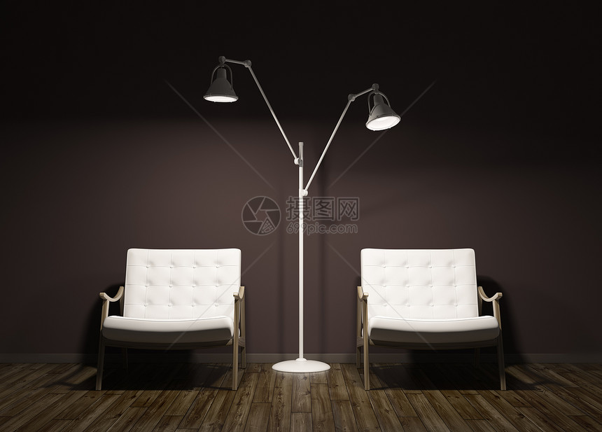 现代晚间室内客厅与两个白色扶手椅落地灯棕色墙壁3D渲染图片