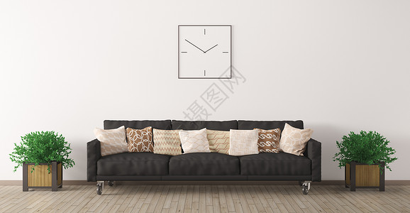 现代室内客厅与黑色沙发,时钟植物三维渲染图片