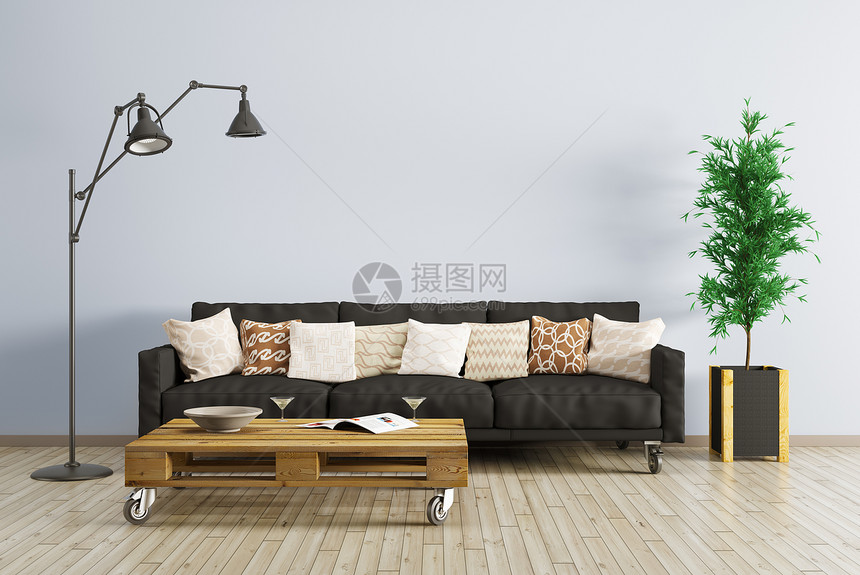 现代内部客厅与黑色沙发,落地灯咖啡桌3D渲染图片