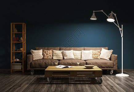 现代晚间客厅内部沙发,落地灯靠棕色墙壁3D渲染背景图片