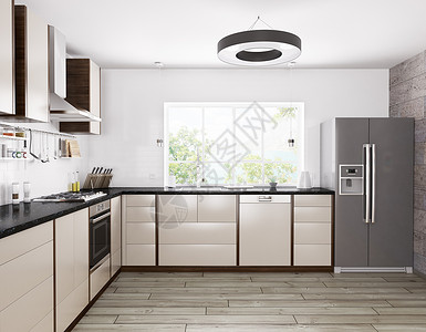 现代厨房内部,冰箱,洗碗机,烤箱三维渲染背景图片