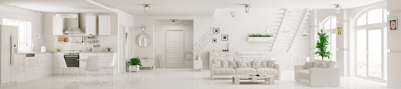 白色公寓内部厨房大厅客厅楼梯全景三维渲染图片