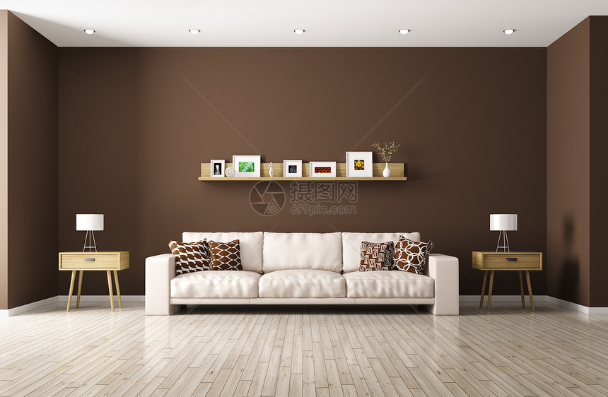 现代室内客厅米色沙发,架子,侧桌3D渲染图片