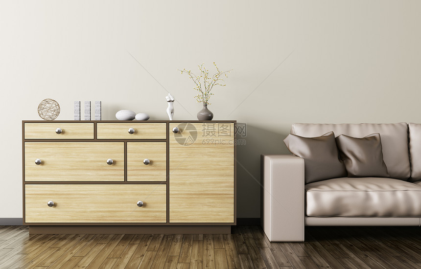 现代室内客厅与木制梳妆台米黄色皮革沙发3D渲染图片