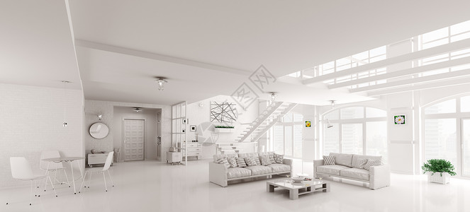 现代白色阁楼公寓内部,客厅,大厅,餐厅,楼梯三维渲染图片