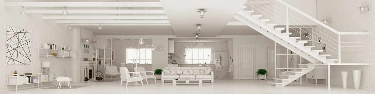 现代白色公寓内部,客厅,大厅,厨房,餐厅,楼梯,全景三维渲染图片