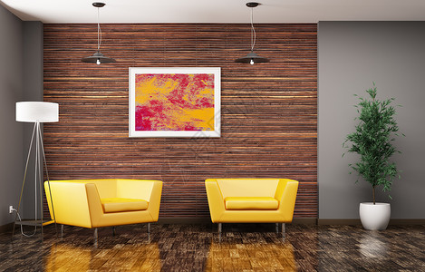 现代客厅内部两个黄色扶手椅落地灯植物3D渲染图片