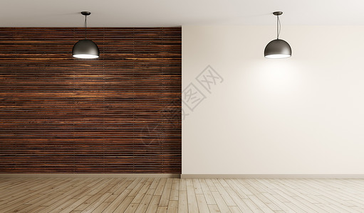 空的内部背景,房间棕色木板墙硬木地板,两盏灯3D渲染图片