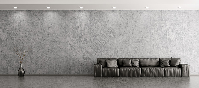 现代客厅内部黑色皮革沙发花瓶靠混凝土墙全景三维渲染图片