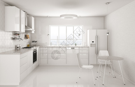 现代白色厨房,窗户,桌椅内部三维渲染图片