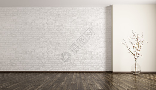 空房间内部背景,白色砖墙,璃花瓶与树枝三维渲染背景图片
