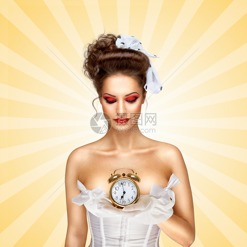 感的Pinup新娘个老式的婚礼胸衣,着个复古闹钟彩色抽象卡通风格的背景图片