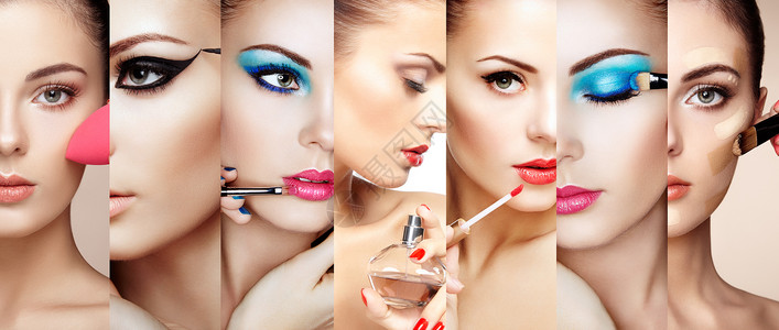 美女拼贴女人的脸时尚照片化妆师涂口红眼影女人喷香水图片