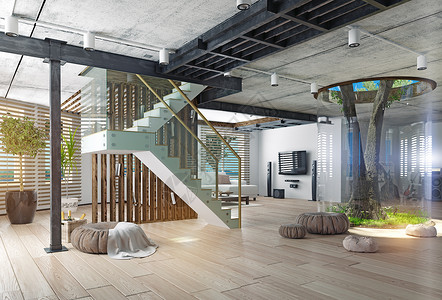 现代室内的生态真正的室内活树三维高清图片