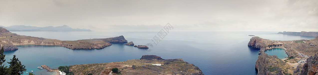 罗德斯岛林多斯湾保罗湾全景,罗德岛,希腊背景