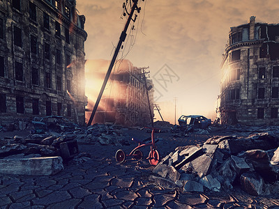 街道上裂缝的城市废墟三维插图背景图片
