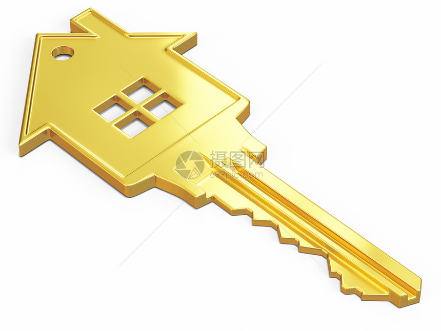 房屋安全租赁房地产购买房屋形状金钥匙隔离白色房子形状的钥匙隔离白色上图片