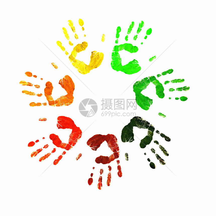 白色背景上的彩色人类手印图片