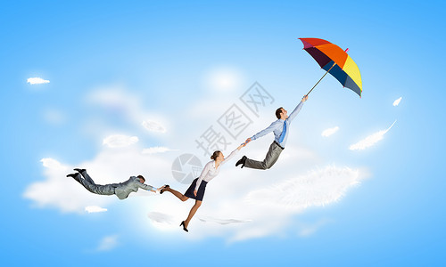 飞上天商人们伞上天空中飞翔办公室逃走背景