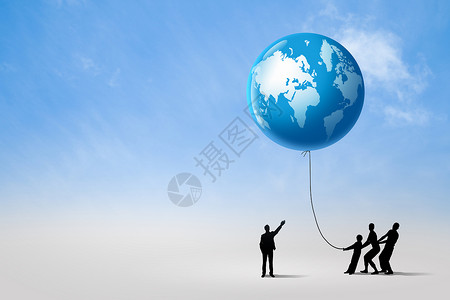 剪影地球宜全球互动用绳子拉地球飞机的人的剪影背景