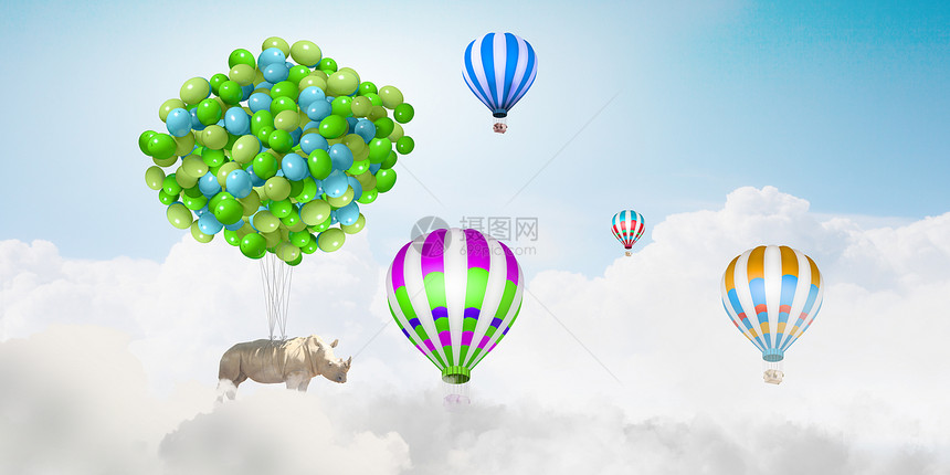会飞的犀牛犀牛堆五颜六色的气球上高高地飞翔图片