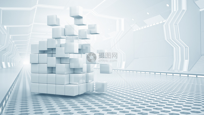 虚拟房间里的立方体未来主义房间中的抽象立方体创新的虚拟室内图片