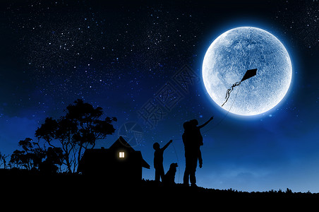 月光下的男孩家庭观念满月下夜晚幸福家庭的轮廓背景