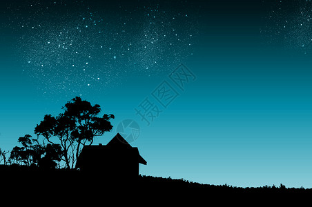 晚上夜晚乡村房屋树木的轮廓图片