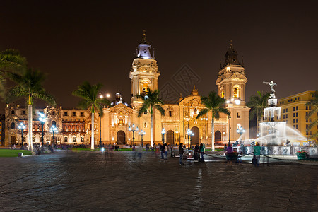 晚上利马的巴西大教堂,它座罗马天主教大教堂,位于秘鲁利马的广场市长图片