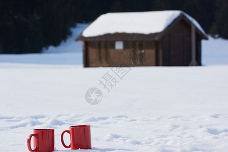 两辆红色的热茶饮料雪中,美丽的冬季阳光明媚的天,与木屋森林的背景假期美丽的高清图片素材