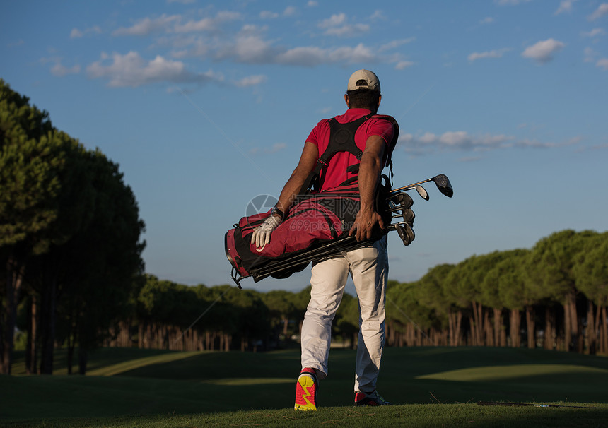 英俊的中东高尔夫球手背着高尔夫球袋,球场上走下个洞图片