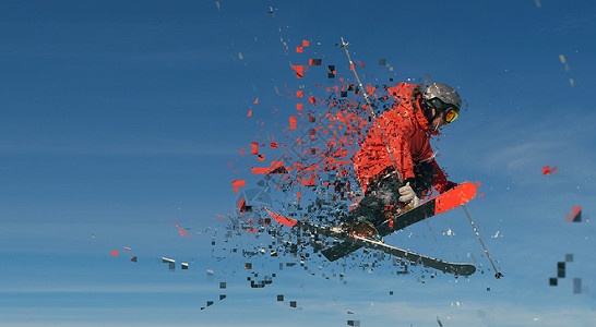 山地跳跃滑雪者的冬雪清新阳光的天图片