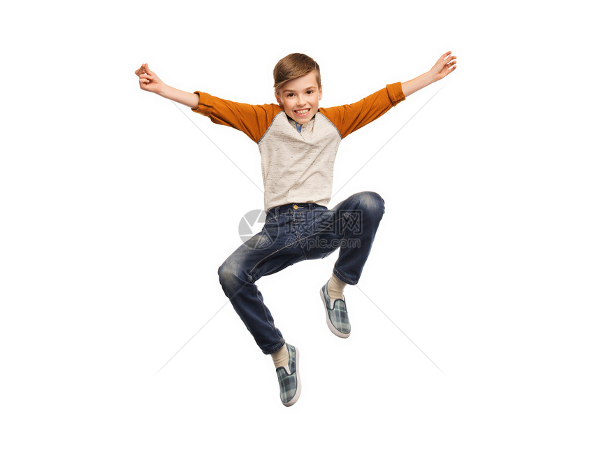 快乐,童,自由,运动人的快乐的微笑男孩空中跳跃图片