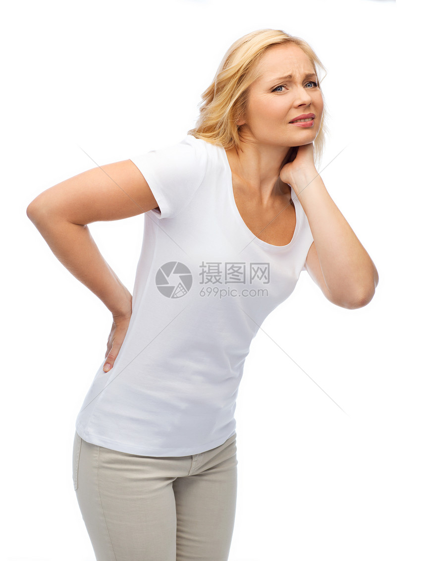 人,医疗,背痛问题的幸的女人遭受疼痛的背部图片