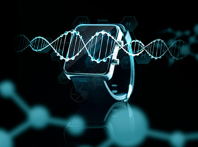 现代技术,科学,生物学物体密切黑色智能手表的DNA分子投射图片