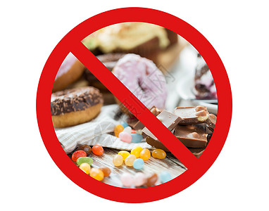 禁止吃野味快餐,低碳水化合物饮食,育肥健康的饮食巧克力片,果冻豆釉甜甜圈背后没符号圆圈反斜杠禁止标志背景